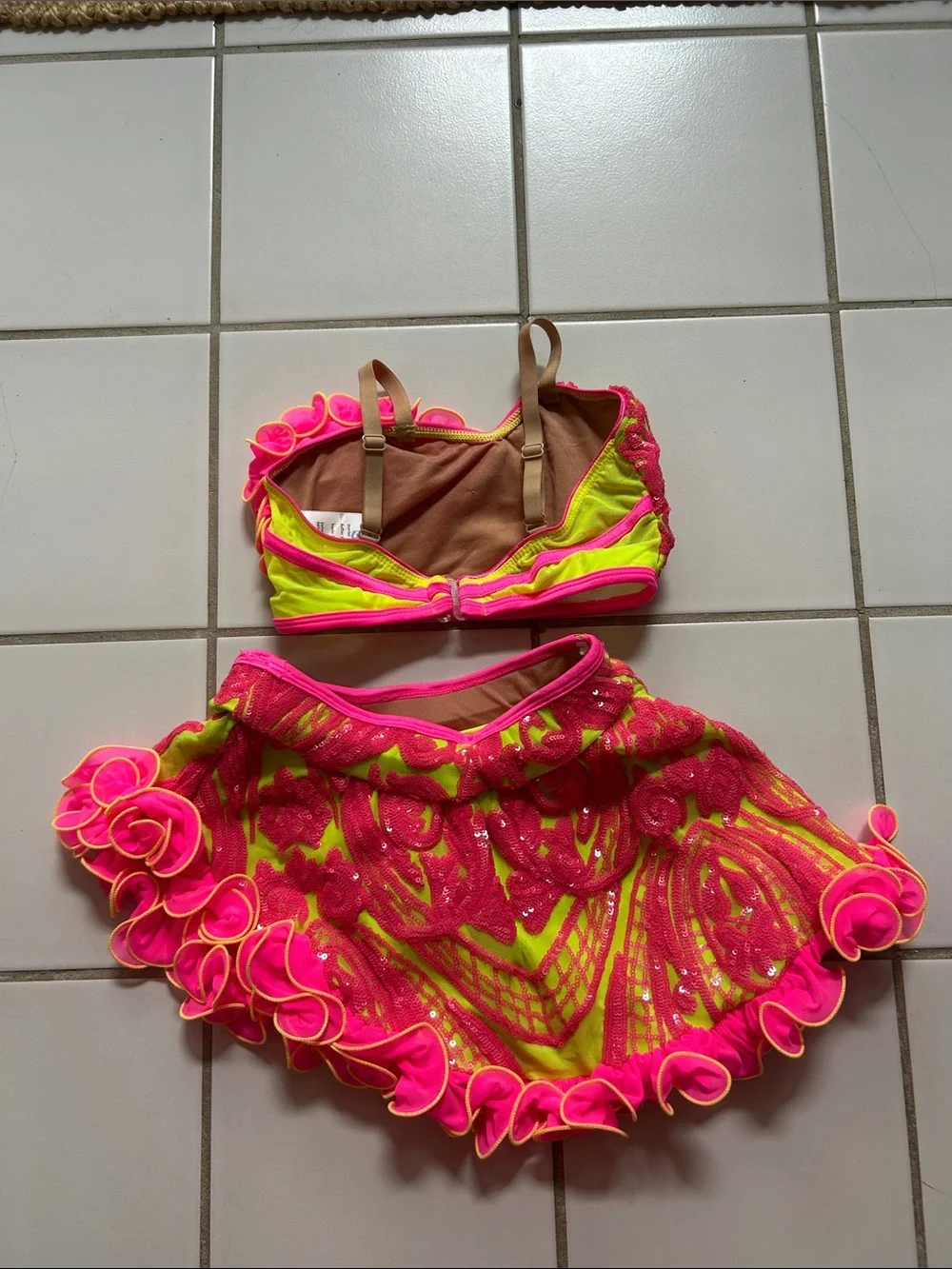 Girls Neon Pink & Lime Ruffle Dance Costume - Two-Piece Performance Set